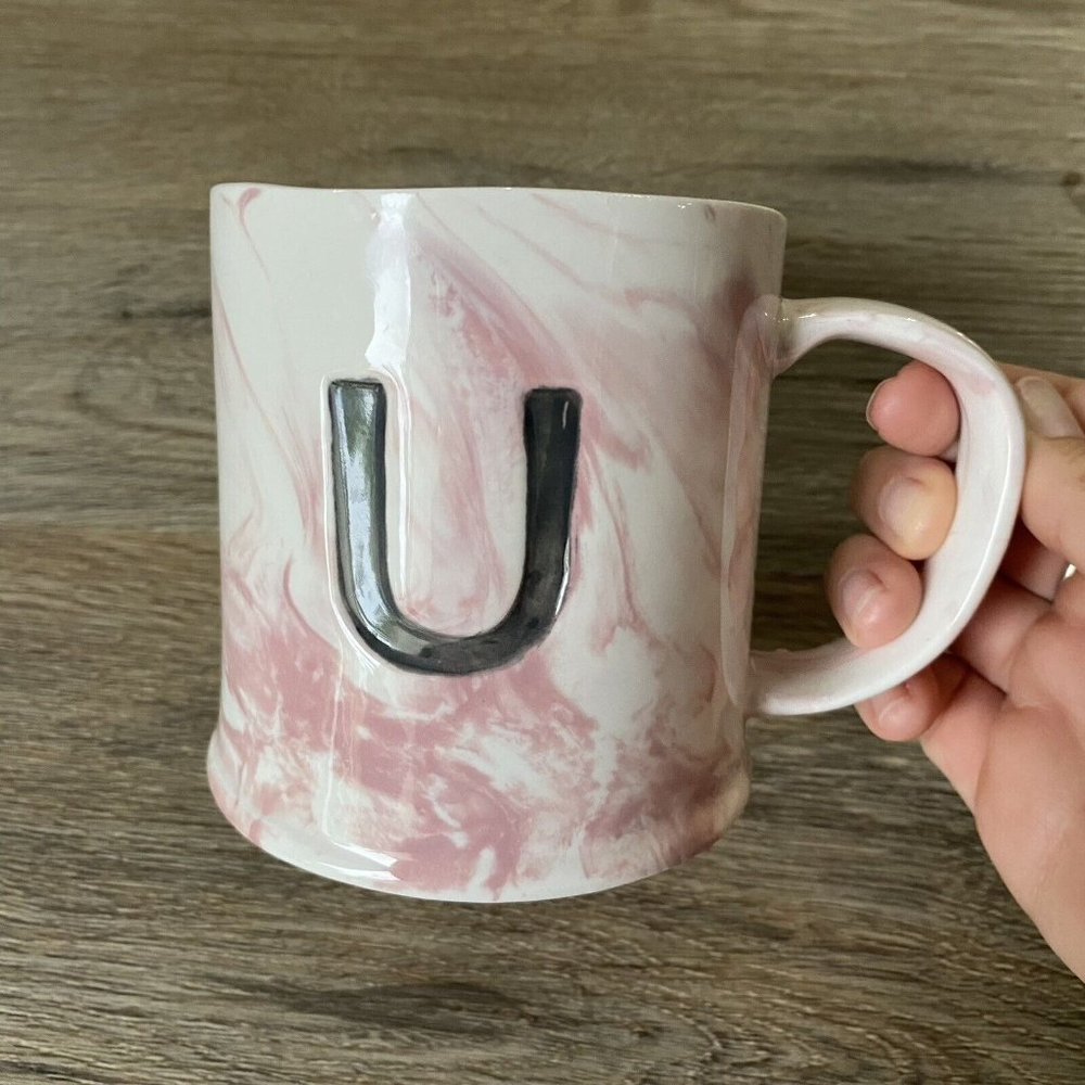 New Anthropologie Pink Marbled Monogram Mug Letter "U” Tea Coffee Cup Gift